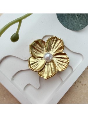 Nes Design Incili Gold Çiçek Broş