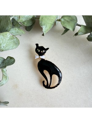 Nes Design Beyaz Papyonlu Siyah Kedi Broş