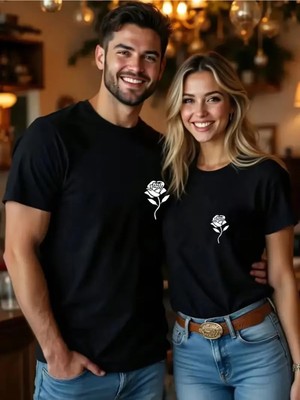 Mondschein Sevgili Kombini Minimal Gül Baskılı Çift Tişört Oversize Unisex Çift Kombin Romantik Çift Set