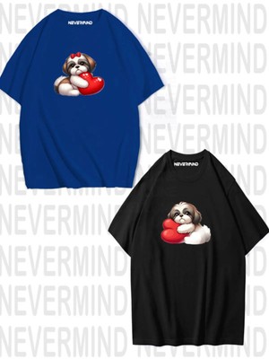 Mondschein Sevgili Kombini Sevimli Köpek ve Kalp Baskılı Oversize Unisex Çift Tişörtü