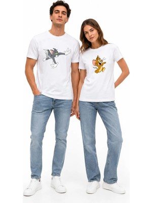 Mondschein Tom ve Jerry Baskılı Sevgili Tişörtü Beyaz Unisex Oversize Çift Kombini Pamuklu Kısa Kollu