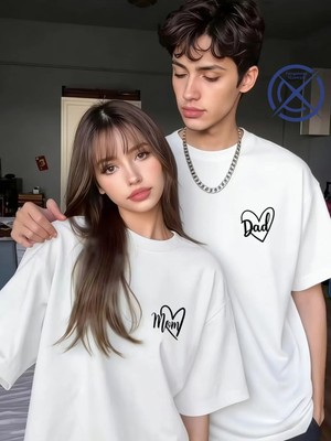 Mondschein Mom Dad Baskılı Sevgili Kombini Çift Tişört Oversize Unisex Minimal Romantik Çift Kombin Seti