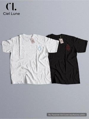 Mondschein Unisex Ateş ve Su Baskılı Sevgili Çift Kombini Tasarım Oversize Tshirt 2li