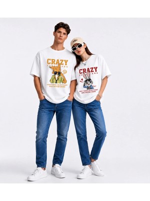 Mondschein Sevgili Kombin Tişörtü Crazy Bunny Couple Baskılı Unisex Oversize %100 Pamuk Tişört Seti
