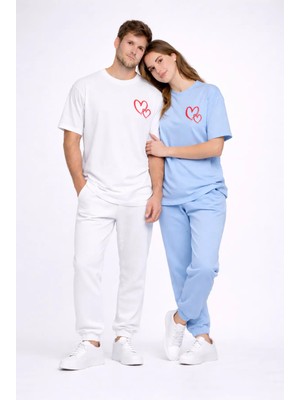 Mondschein Sevgili Kombini Kalp Baskılı Oversize Çift Tişört Unisex Uyumlu Partner Kombin Seti