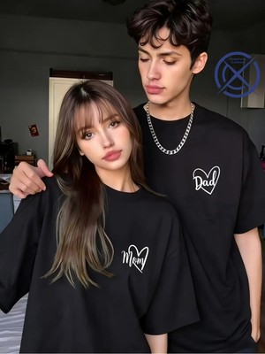 Mondschein Mom Dad Baskılı Sevgili Kombini Çift Tişört Oversize Unisex Minimal Romantik Çift Kombin Seti