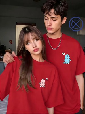 Mondschein Sevgili Kombini Mini Dinozor Baskılı Çift Tişört Oversize Unisex Çift Kombin Sevimli Çift Set