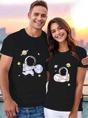 Mondschein Evgili Kombini Çift Tişört Oversize Unisex Astronot Baskılı Çift Kombin Sevgili Tişört Seti
