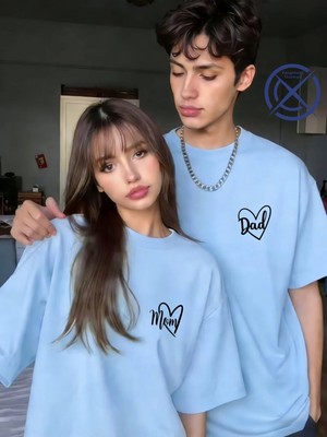 Mondschein Mom Dad Baskılı Sevgili Kombini Çift Tişört Oversize Unisex Minimal Romantik Çift Kombin Seti