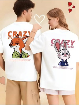 Mondschein Sevgili Kombini Crazy Animal Baskılı Çift Tişört Oversize Unisex Çift Kombin Karikatür Çift Set