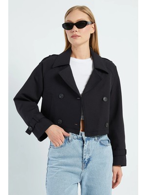 FullaModa Kruvaze Yaka Çift Cepli Crop Trençkot