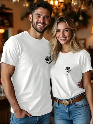 Mondschein Sevgili Kombini Minimal Gül Baskılı Çift Tişört Oversize Unisex Çift Kombin Romantik Çift Set