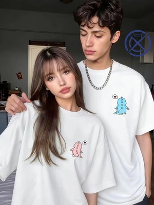 Mondschein Sevgili Kombini Mini Dinozor Baskılı Çift Tişört Oversize Unisex Çift Kombin Sevimli Çift Set
