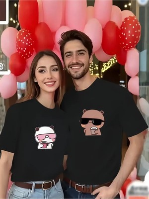 Mondschein Sevgili Kombini Çift Tişört Panda Baskılı Oversize Unisex Çift Kombin Sevimli Çift Tişört Seti