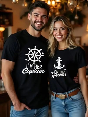Mondschein Sevgili Kombini Çift Tişört Captain Anchor Baskılı Oversize Unisex Çift Kombin Tişört Seti