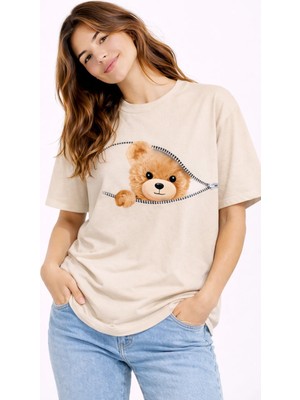 Mondschein Fermuarlı Ayıcık Baskılı Kadın Tişört Oversize Sevimli Teddy Bear Baskılı Pamuk T-Shirt
