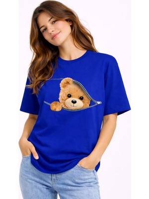 Mondschein Fermuarlı Ayıcık Baskılı Kadın Tişört Oversize Sevimli Teddy Bear Baskılı Pamuk T-Shirt