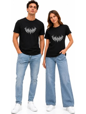 Mondschein Black Metal Logo Baskılı Siyah Unisex Oversize Tişört Çift Kombini %100 Pamuk