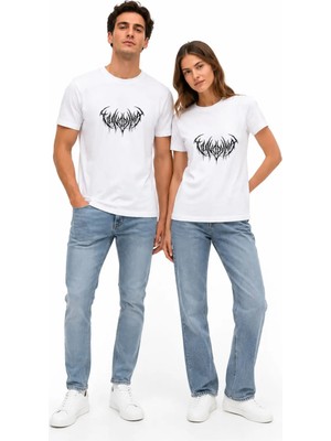 Mondschein Black Metal Logo Baskılı Siyah Unisex Oversize Tişört Çift Kombini %100 Pamuk