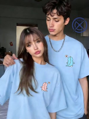 Mondschein Sevgili Kombini Mini Dinozor Baskılı Çift Tişört Oversize Unisex Çift Kombin Sevimli Çift Set