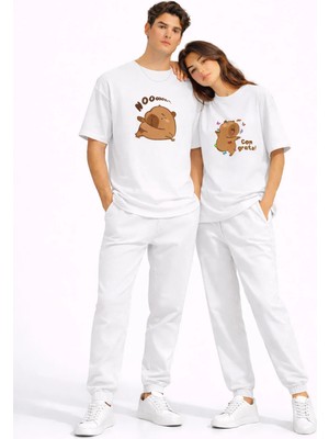 Mondschein Sevgili Kombini Sevimli Ayı Baskılı Çift Tişört Oversize Unisex Partner Tişört 2'li Set