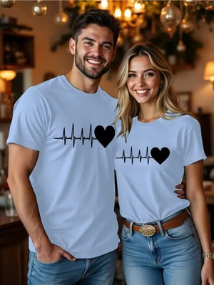 Mondschein Kalp Ritmi Temalı Sevgili Kombini Çift Tshirt Oversize Unisex Romantik Çift
