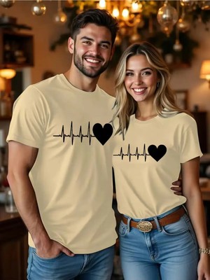 Mondschein Kalp Ritmi Temalı Sevgili Kombini Çift Tshirt Oversize Unisex Romantik Çift