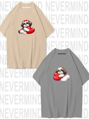Mondschein Sevgili Kombini Sevimli Köpek ve Kalp Baskılı Oversize Unisex Çift Tişörtü