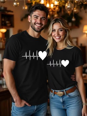 Mondschein Kalp Ritmi Temalı Sevgili Kombini Çift Tshirt Oversize Unisex Romantik Çift