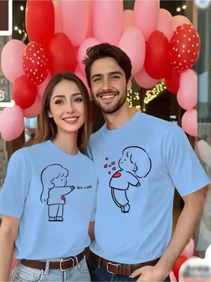 Mondschein Sevgili Kombin Tişört Çifti – Kalp Detaylı Sevimli Çizim Baskılı Pamuklu Unisex Çift Tişört Seti