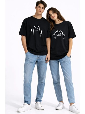 Mondschein Saç Yolma Temalı Çift Kombini Oversize Unisex Tişört Sevgili Tişörtü Beyaz