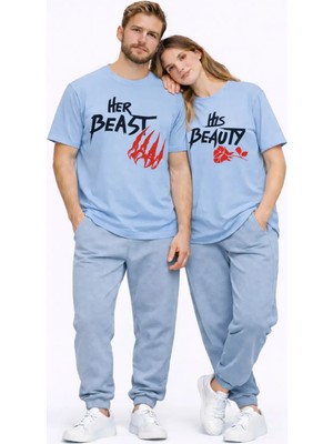 Mondschein Sevgili Kombini Her Beast His Beauty Oversize Çift Tişört Unisex Partner Couple Kombin Seti