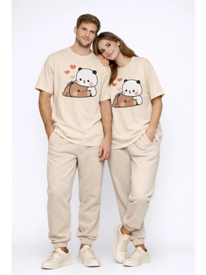 Mondschein Sevimli Panda Baskılı Sevgili Kombini Çift Tişört Oversize Unisex Çift Kombin 2'li Set