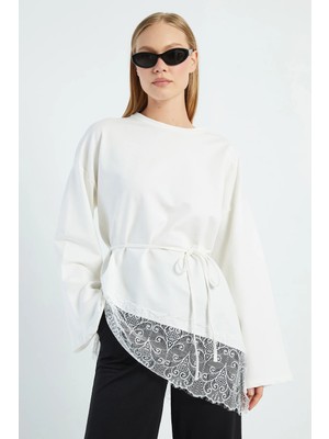 FullaModa Fullamodest Dantelli Asimetrik Kesim Beli Bağlamalı Tunik