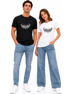 Mondschein Black Metal Logo Baskılı Siyah Unisex Oversize Tişört Çift Kombini %100 Pamuk