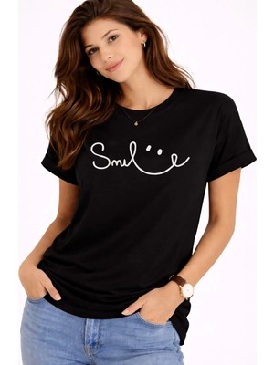 Mondschein Unisex Tişört Smile Baskılı Basic Oversize Günlük Rahat %100