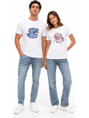 Mondschein Sevgili Kombini Dinozor Baskılı Unisex Beyaz Tişört Seti – Çift Tişörtü