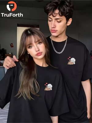 Mondschein Sevgili Kombin Tişörtü Sevimli Karakter Baskılı Unisex Oversize Çift Tişörtü %100 Pamuk Siyah