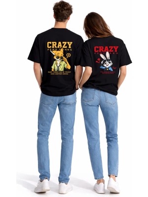 Mondschein Sevgili Kombini Crazy Animal Baskılı Çift Tişört Oversize Unisex Çift Kombin Karikatür Çift Set