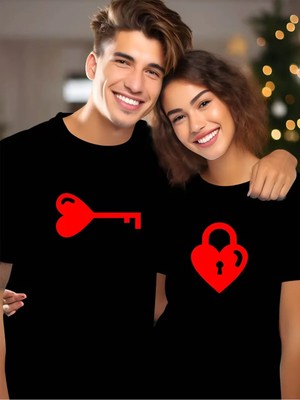 Mondschein Sevgili Kombini Kalp Anahtar Baskılı Çift Tişört Oversize Unisex Romantik Çift Kombin Seti