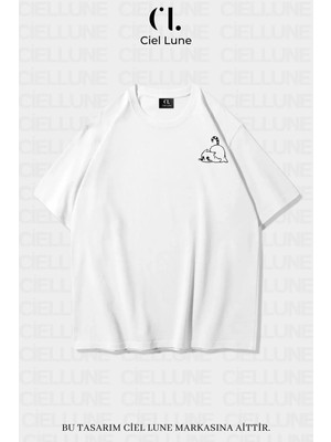 Mondschein Unisex Kadın Erkek Minimalist Cat Baskılı Özel Tasarım Oversize T-Shirt