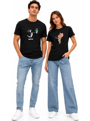 Mondschein Tom & Jerry Çiçek ve Kalp Baskılı Sevgili Kombini Unisex Beyaz Tişört Seti – Çift Tişörtü