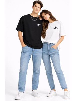 Mondschein Sevgili Kombini Minimal Uzay Gezegen Baskılı Çift Tişört Oversize Unisex Partner Tişört 2'li Set