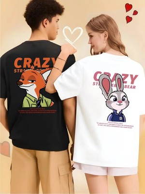 Mondschein Sevgili Kombini Crazy Animal Baskılı Çift Tişört Oversize Unisex Çift Kombin Karikatür Çift Set
