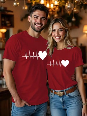Mondschein Kalp Ritmi Temalı Sevgili Kombini Çift Tshirt Oversize Unisex Romantik Çift