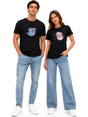 Mondschein Sevgili Kombini Dinozor Baskılı Unisex Beyaz Tişört Seti – Çift Tişörtü