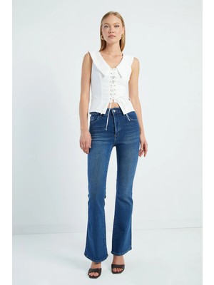 FullaModa Fermuarlı Yüksek Bel Flare Jean