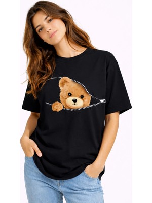 Mondschein Fermuarlı Ayıcık Baskılı Kadın Tişört Oversize Sevimli Teddy Bear Baskılı Pamuk T-Shirt