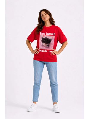 Mondschein The Beast Inside Me Baskılı Unisex Oversize Tişört Siyah Kedi Grafik Tasarım %100 Pamuk Streetwear Tişört