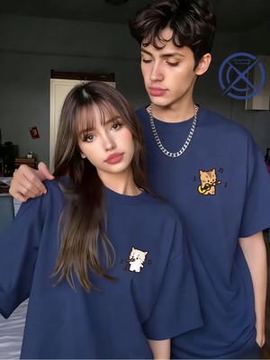 Mondschein Sevgili Kombin Tişörtü Müzik Yapan Kedi Baskılı Unisex Oversize %100 Pamuk Çift Tişörtü